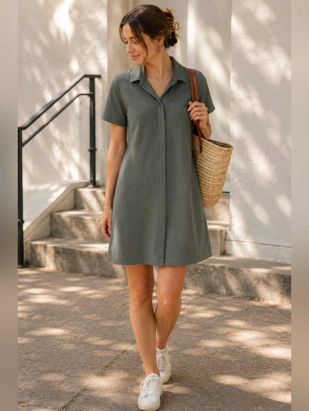 Frank & Oak | Organic Cotton Shirt Dress Sage Green A-Line, Size S